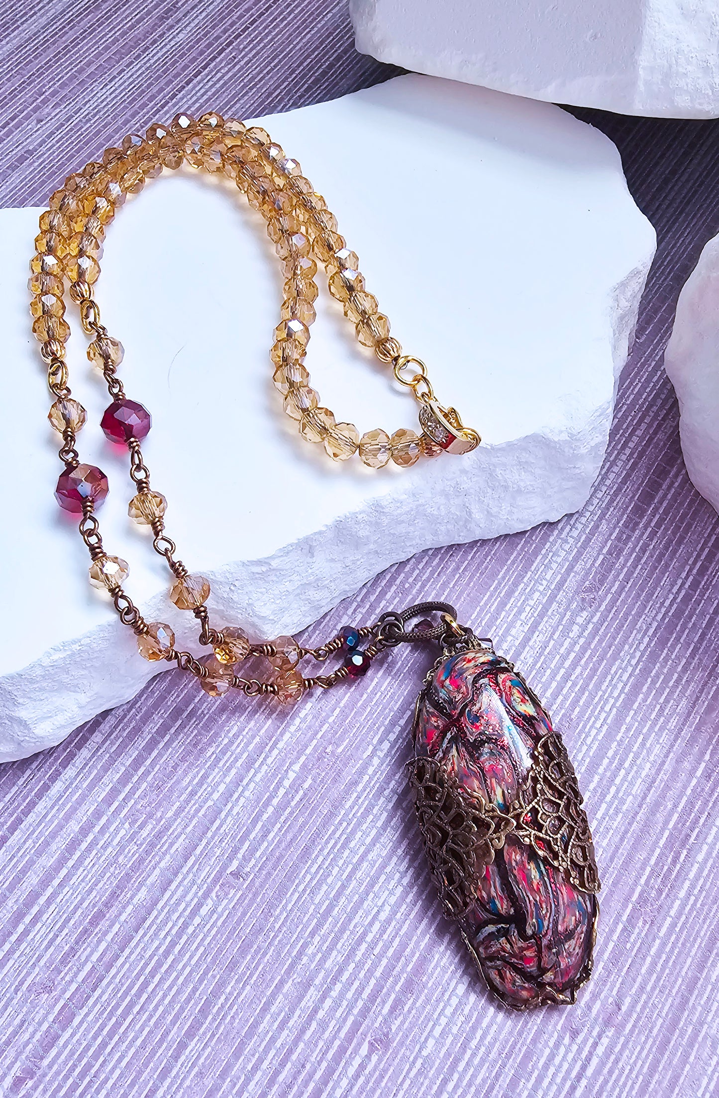 Autumn Flame Wire Wrapped Cabochon Necklace